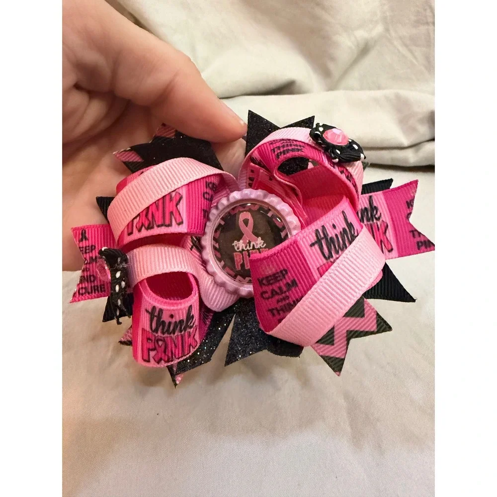 Think Pink Breast Cancer Awareness Boutique Hair Bow Pink Black Glitter Clip